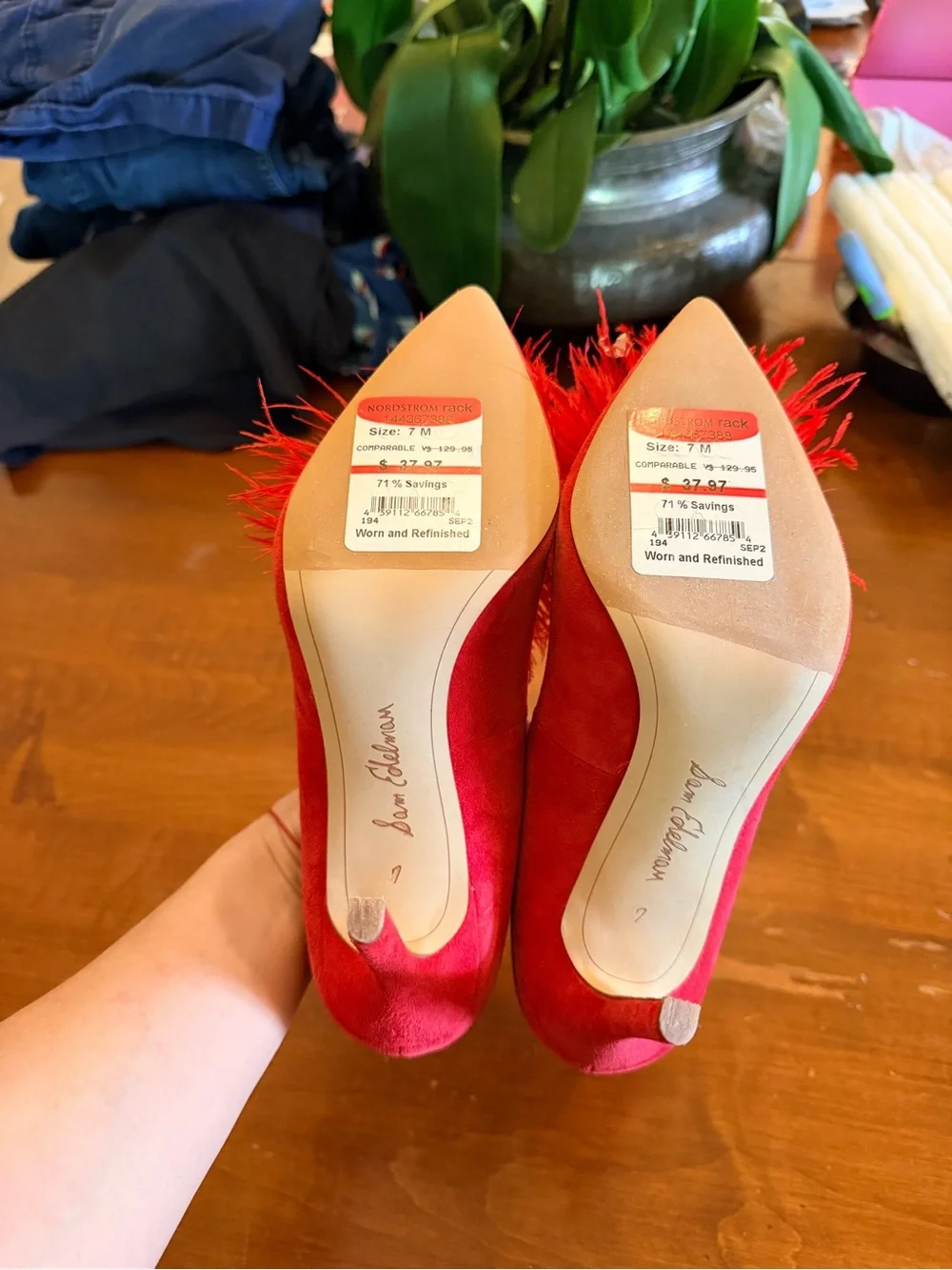 Sam Edelman Red Feather Pom Pointed-Toe Heels